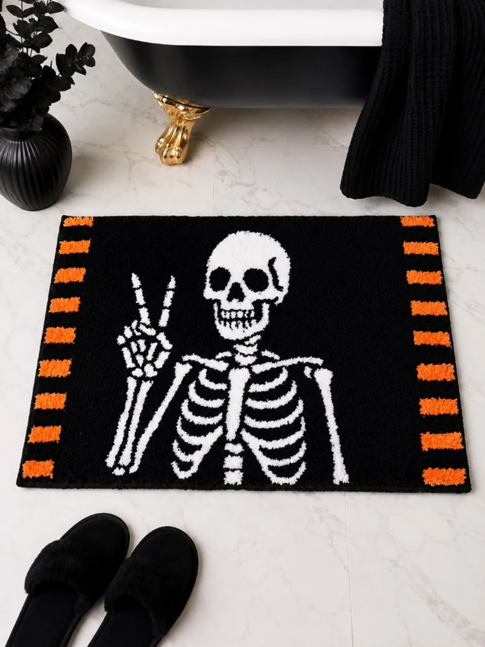 House of Frights Halloween Skeleton Bath Rug Black Orange 20x30 NWT